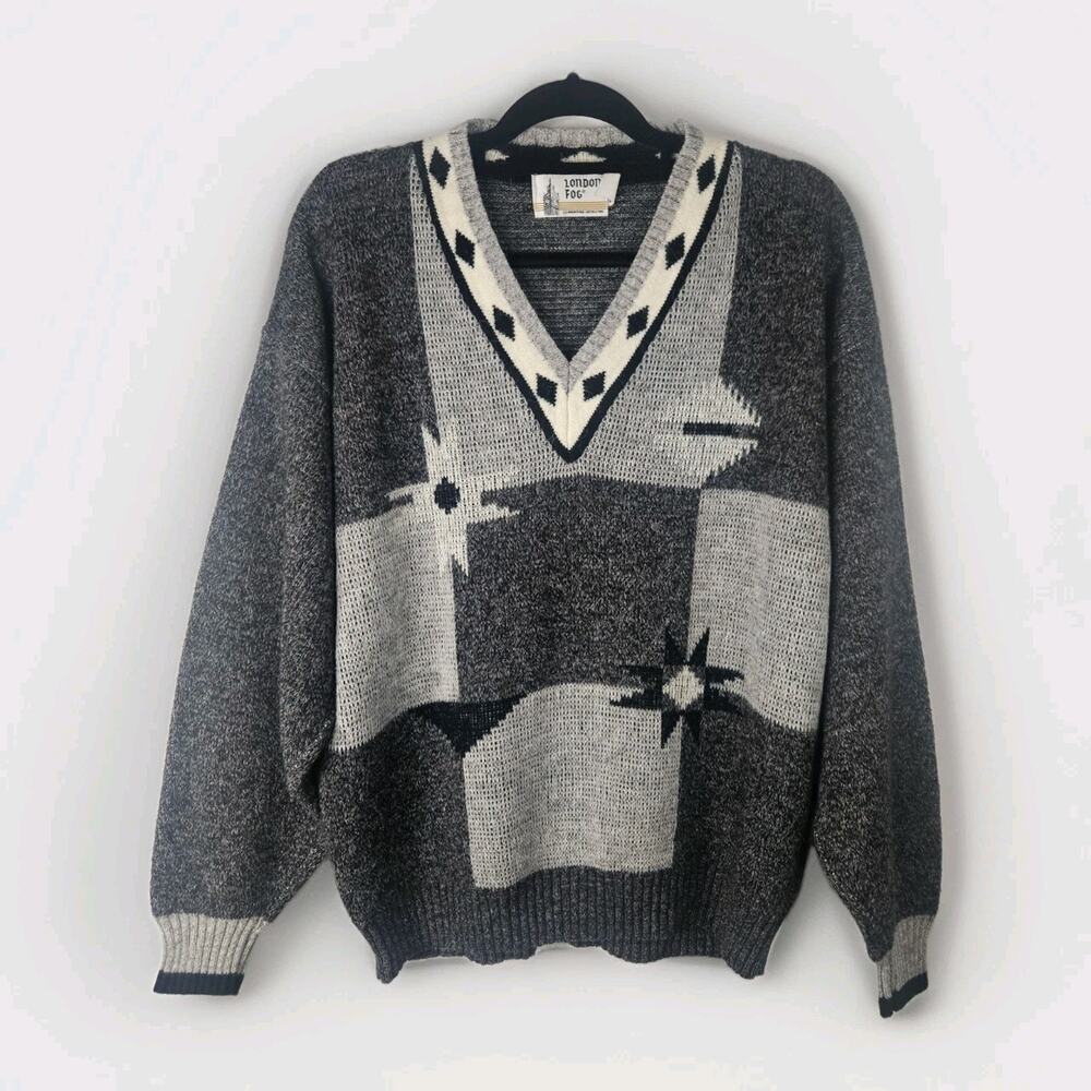 Vintage 80s London Fog Gray Acrylic Alpacha Vneck Sweater Mens TXL USA Geometric